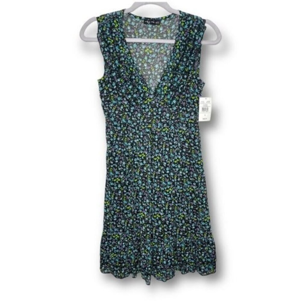 NWT Y2K Ruby Rox Size 5 Black Blue Ditsy Floral Ruffle Chiffon V Neck Dress $50